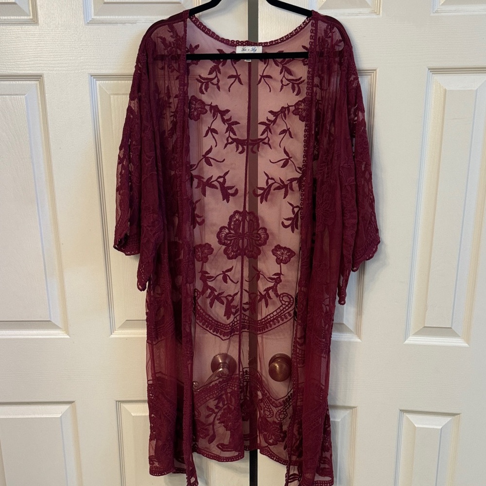 She + Sky Burgundy Floral Lace Kimono
